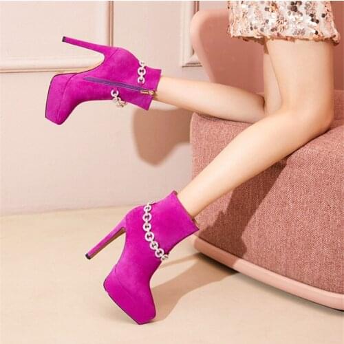 PXELENA 13CM Stiletto Super High Heels Ankle Boots Women Sexy Crystal Chain Kid Suede Lady Nightclub Dress Party Evening Shoes