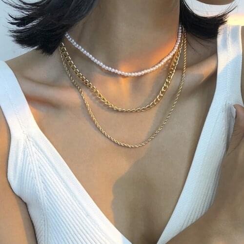 2021 Multilayered Cuban Link Chain Pearl Choker Necklace for Women Bead choker Collar Female Fashion Neck Chain pendants Jewelry