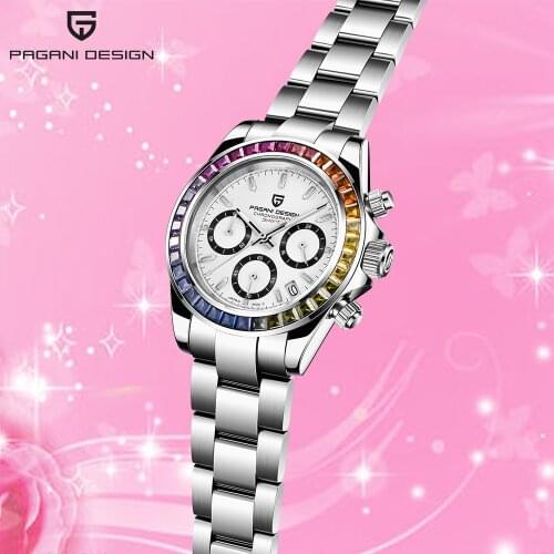 PAGANI DESIGN Fashion Luxury Mens Quartz Watch Business Stainless Steel Waterproof Wristwatch Rainbow Diamond Relogio Masculino