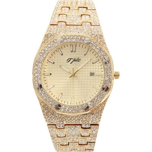 TPLE All Diamond Watches Round Luxury Men Watch Hip Hop Men Fashion Date Quartz Iced Out Bling Watch
