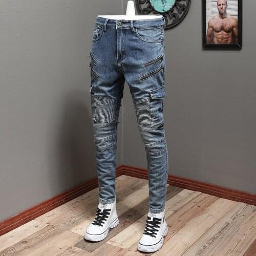 American Street Style Fashion Men Jeans Retro Blue Spliced Patch Designer Slim Biker Jeans Men Hip Hop Punk Denim Pencil Pants