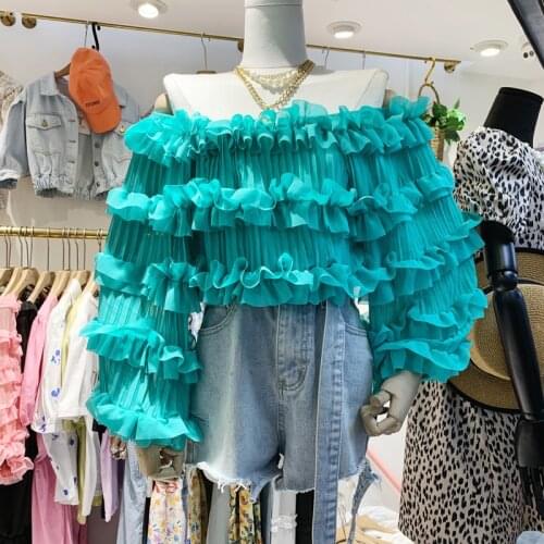 Elegant Summer 3D Flowers Pleated Blouses Multi-layer Off Shoulders Chiffon Ruffles Shirts OL Crop Tops Blusas Mujer 2020