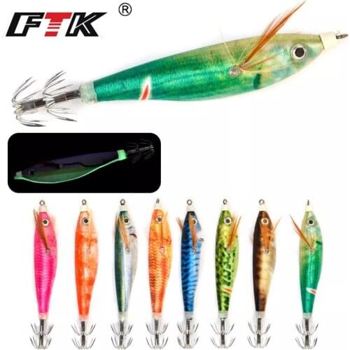 FTK 1PCS Fishing Lure10g/8cm Sinker Squid Hook Luminous Squid Jig Fishing Wood Shrimp Lure Cuttlefish Jigs Lures