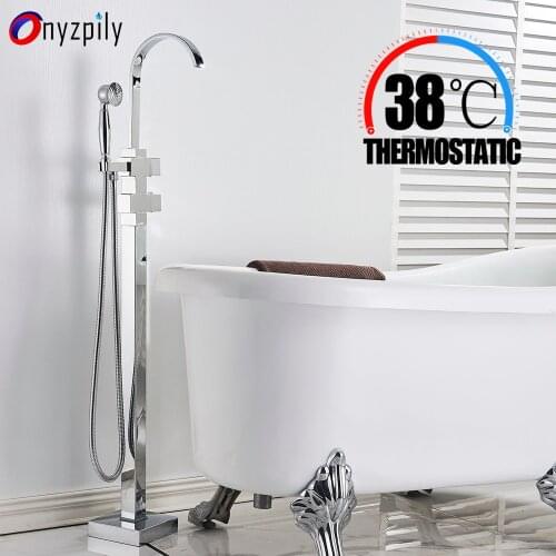 Onyzpily Chrome Thermostat Bathtub Shower Faucet Bathroom Floor Stand Taps 360 Rotation Swivel Spout Hand Mixer Standing Faucet