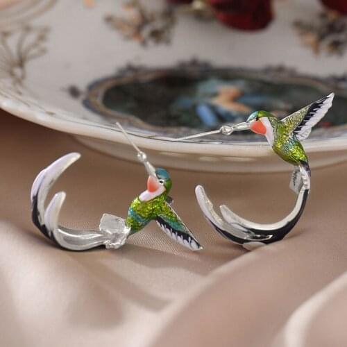 Hummingbird Shape Party Jewelry Dripping Oil Stud Earrings Ear Jewelry Copper Gift Christmas Ornament Cute Female Earrings
