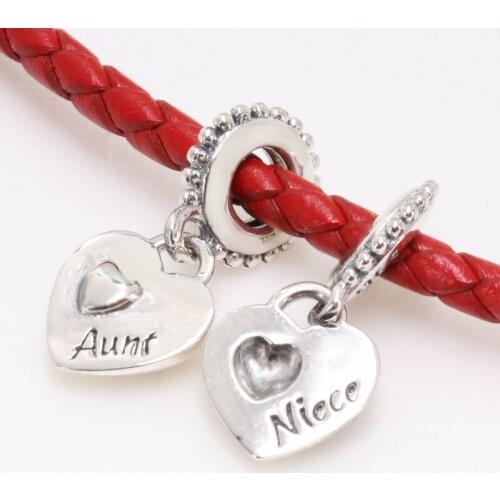 DoDoFly Genuine 925 Sterling Silver Aunt and Niece Intimate Heart Pendant fit Original charm Bracelet Jewelry Making DIY Gift