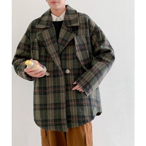 New Fashion Mens Loose Fit Woolen Blends Jacket Plaid Double Breasted Casual Suit Coat Autumn Preppy Style Woolen Outwear Coats
