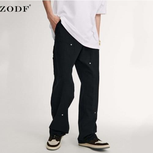 ZODF Brand New Men Autumn Black Straight Pants Loose Oversized High Street Casual Rivet Trousers Streetwear HY0127