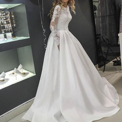Luxury O-neck Long Sleeves A-Line Wedding Dresses Satin With Applique Lace 2020 Modest Bridal Gowns Customized Robe De Mariee