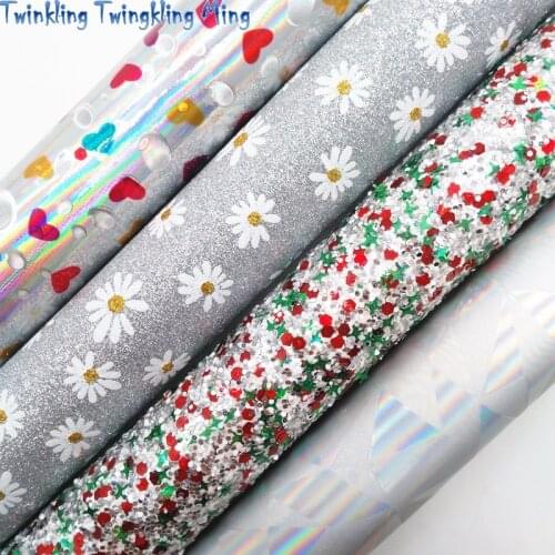 Silver Glitter leather, Hearts Printed Synthetic Leather Faux Fabric Sheet For Bow 21x29CM Twinkling Ming KM339