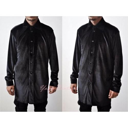 Regular-fit Premium Sily Velour Velvet Crushed Velvet Shirt in Black Asymmetric Collar Dropped Shoulder / Longline Shirt