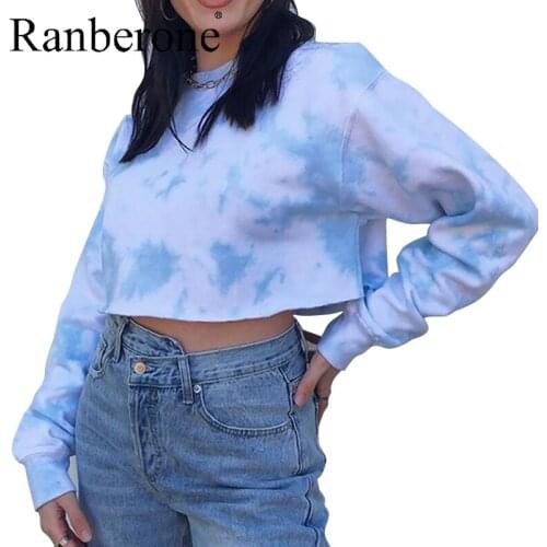 Long Sleeve Sweatshirt Women Tie Dye Printed Casual Loose Crop Top Sweat Shirt Streetwear Autumn Sports Top Ladies Sportswear