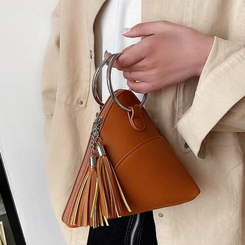 Triangle Wrist Clutch Bags For Women 2021 PU Leather Mini Handbags and Purses Fashion Iron Ring Handle Tassel Design Hand Bag