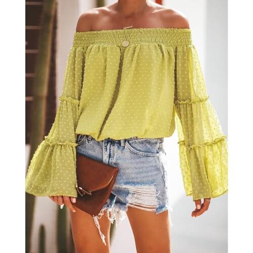 Women Fashion Summer Off Shoulder Trumpet Sleeve Shirt Blouse Ladies Baggy Blouse Pullover Shirt Tops Chiffon Blouse
