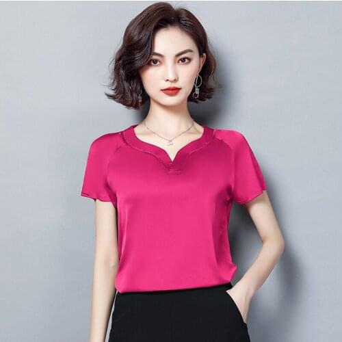 Silk Female Short-Sleeved V-Neck 2021 Summer New Large Size Loose Temperament Silk T-Shirt Female W441