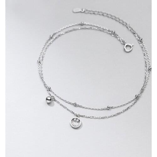 Real 925 Sterling Silver Double Layered Anklet Smile Face Ball Beads Ankle Bracelets Fine Foot Chains for Women Summer Jewelry