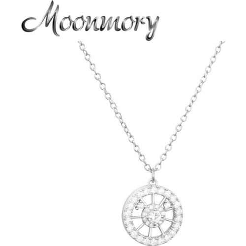 Moonmory 925 Sterling Silver Wheel Shape Pendant Necklace For Women CZ Crystal Pendant Wedding Jewelry Christmas Dating Gifts