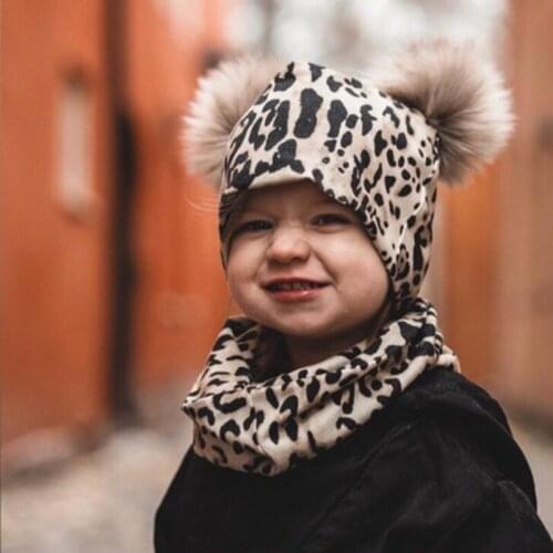 2020 Winter Baby Hat and Scarf Set Double Pompom Leopard Newborn Baby Girl Bonnet Cap and Scarf 2pcs Set
