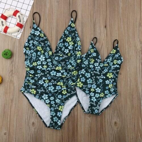 2021 Summer Mother Daughter Swimwear Family Matching Women Girls One-piece Swimming Floral Bikini Bathing Suit Beachwear