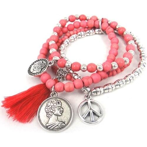 Free drop shipping Fashion women semi precious stone pink beads with peace ,tassel charm ladies elasticity bracelet