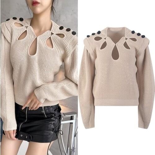 Brand Design Sweaters Women Pullovers Hole Knit Tops Fashion Streetwear Vintage Jumper Jersey Buttons Sexy Japanese Korean Style