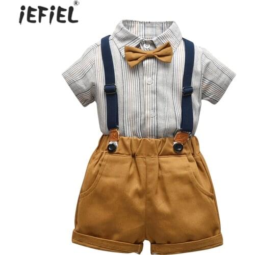 Newborn Baby Boys Gentleman Short Sleeve Formal Suits Short Sleeve Stripe T-shirt+Suspenders Pants Outfit For Wedding 2pcs Sets
