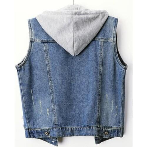Denim Women Casual Fashion Sleeveless Hooded Ripped Jeans Female Vest Jacket High Quality Lady Clothing Plus Size 4XL