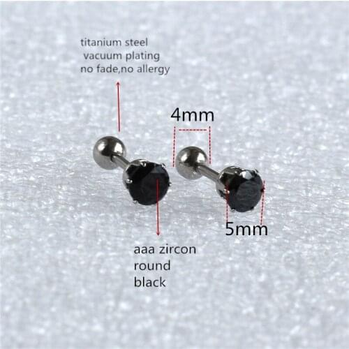 Korean Titanium Screw Stud Earrings With Black AAA Zircon 5mm 316L Stainless Steel No Fade No Allergy
