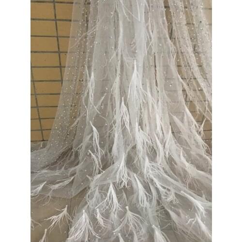 Nice looking French tulle embroidery lace fabric with beads and feathers L-98883 african net lace textile