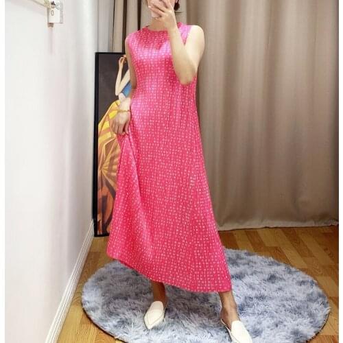 HOT SELLING miyake fashion print dress sleeveless O-NECK A-Line dress IN STOCK