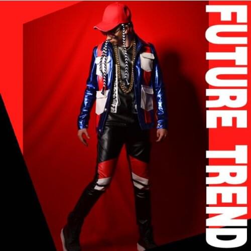 M-xxL! Nightclub male singer DJ big pocket color splicing PU coat major bar stage costumes