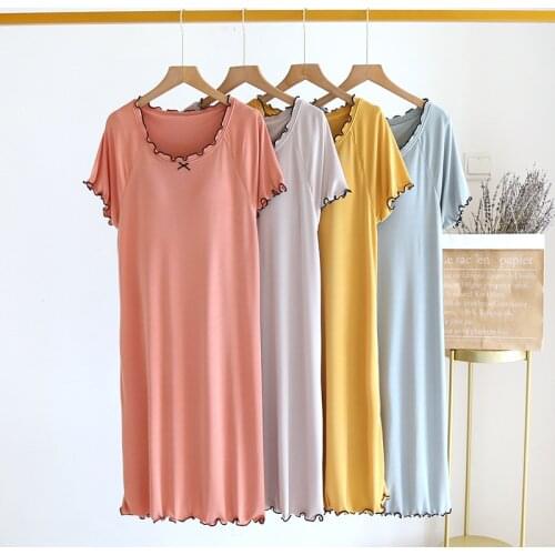 Sweet Nightwear Dress Women Large Size Modal Sleepwear Loose Bra Padded Sexy Nightdress Short Sleeve Ladies Summer Nightgown