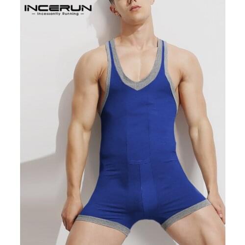 2021 Men Pajamas Rompers Patchwork Homewear V Neck Sleeveless Men Bodysuit Cozy Fitness Sexy Sleepwear Jumpsuits S-5XL INCERUN