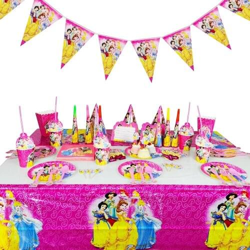 Disney happy birthday kid Princess Disposable Cup Plate Napkin Banners girl Birthday Party Decoration Family Party Supply