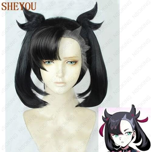 High Quality Anime Pokemon Sword and Shield Marnie Cosplay Wigs Short Black Gray Double Ponytails Cosplay Hair Wig + Wig Cap