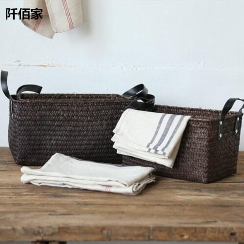 1Pcs Sisal Handmade Woven Basket Leather Handle Clothes Sundries Toys Storage Rattan Basket Container Storage Organizer Holder