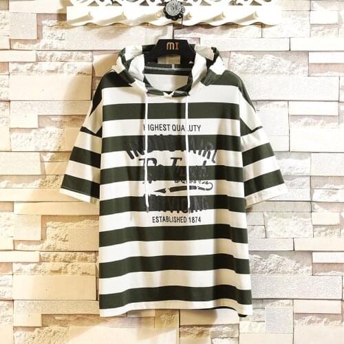 Casual Short Sleeves Hoodies 2021 Summer Striped Black Hip Hop Loose Japanese Skateboard Casual Mens Streetwear PUNK Clothes