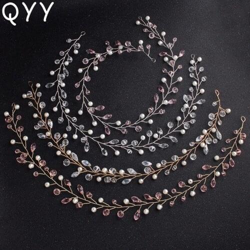 QYY Simple Handmade Wedding Headbands Newest Pearls Crystal Flexible Hair Jewelry Accessories for Women Brides Tiaras