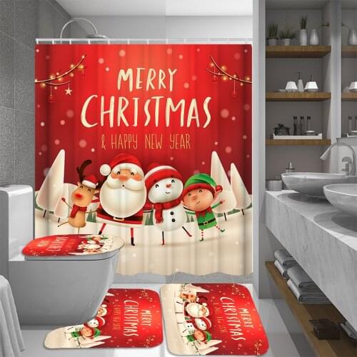 Merry Christmas Polyester Waterproof Shower Curtain Sets Bathroom Curtains Toilet Cover Mat Non Slip Rug Set New Year Decoration