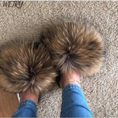 Womens Summer Flat Slippers Genuine Fox Fur Slippers Womens Thick Hair Slippers Non-slip Indoor Slippers Silver Sole