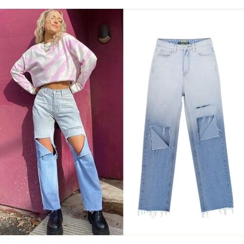 Womens Casual Gradient Loose Hole High-Waist Straight Drape Denim Trousers Sneakers Ladies Mopping Pants y2k 2021 Summer Pants