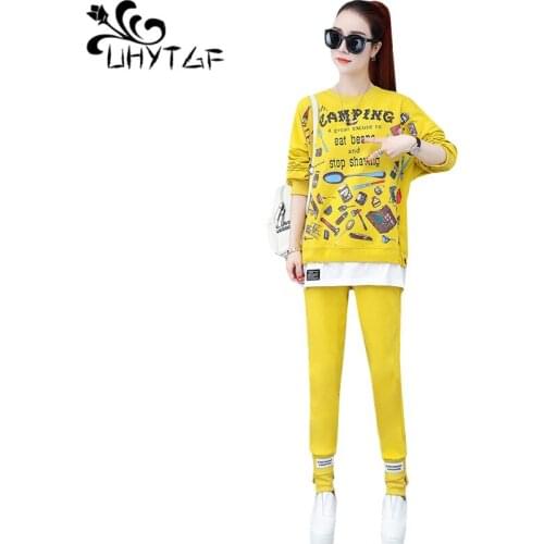 UHYTGF Womens clothing sets Fashion print stitching spring 2 piece set O Neck casual plus size top trousers Lady sportswear 1359
