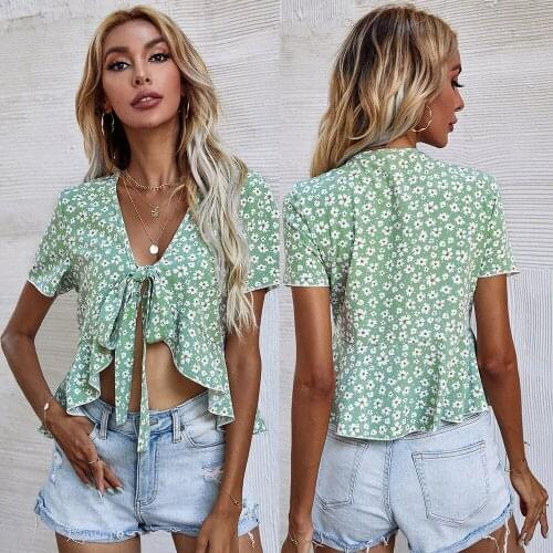 Sexy Irregular Lace-Up Crop Top Summer Blouse Women V-Neck Green Floral Bow Tie With Ruffled Splicing Short Sleeves Blouse Shirt