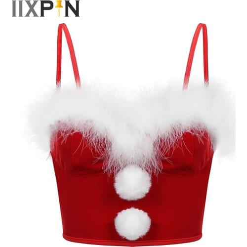 Womens Christmas Costume Bustier Underwired Bra Crop Top Sexy Faux Fur Trimming Fuzzy Ball Decor Flannel Corset Vest Tanks Tops