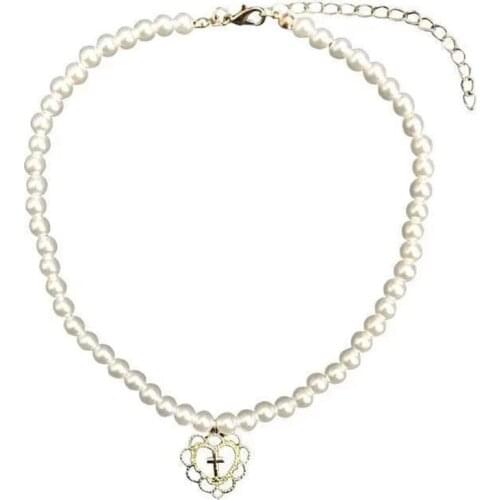 Punk Gothic Harajuku Pearl Chain Hollow Heart Shaped Pendant Retro Court Cross Choker Necklace Fashion Jewelry for Women Girls