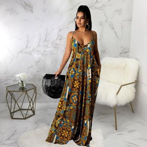 2021 Backless Beach Sleeveless V-neck Sling Dress Sexy Club Birthday Dress Retro Print Vacation Female Dress