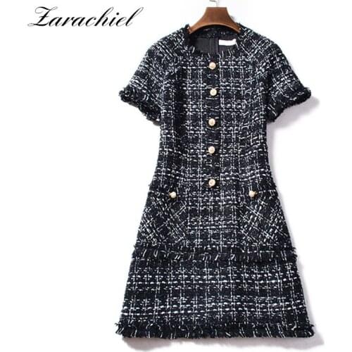Fashion Retro Plaid Wool Winter Dress 2021 Runway Tweed Women Short Sleeve Tassel Fringe Trim Beading Vintage Dresses Vestidos