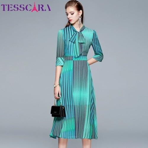 TESSCARA Women Elegant Chiffon Dress Festa High Quality Long Office Lady Party Robe Femme Vintage Bow Designer A-Line Vestidos