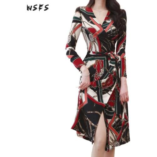 Spring Dresses Red Print Vneck Full Sleeve Womens Dress 2019 Vintage Elegant Bandage Slim Office Ladies Sexy Party Long Dress