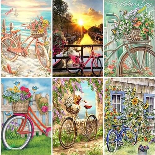 Landscape DIY 5D Diamond Painting Cross Stitch Kit Mosaic Beautiful Pink Flower Bicycle Diamond Embroidery Home Decoration Gift